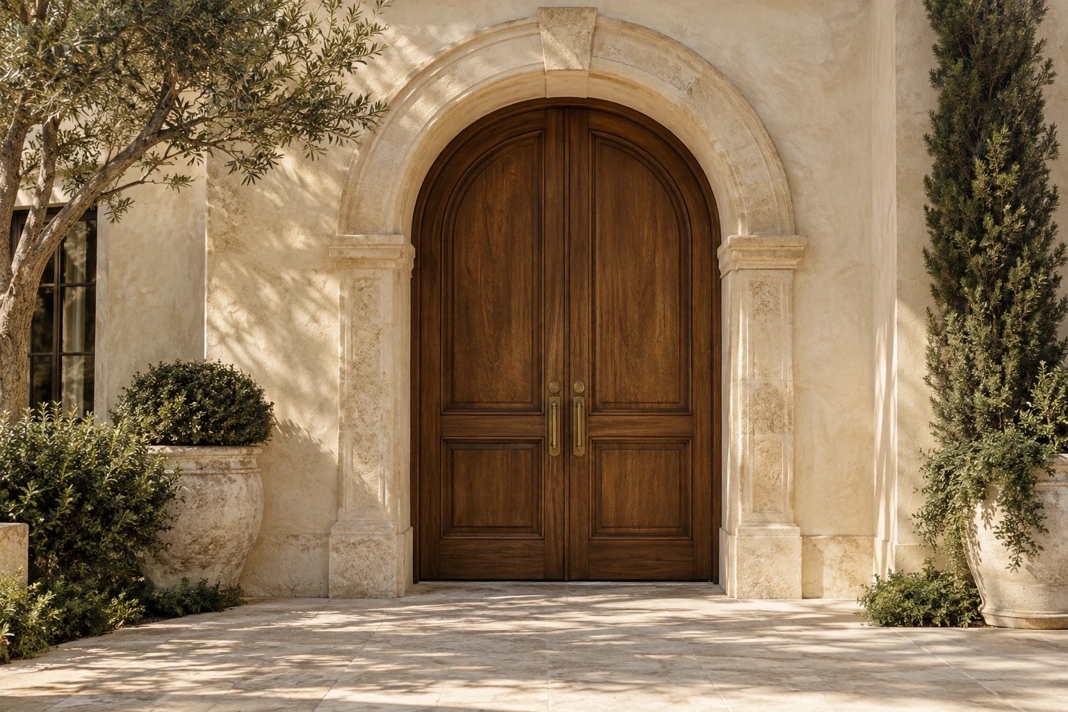 Arched wooden double doors set in a carved limestone entry, with olive and cypress trees