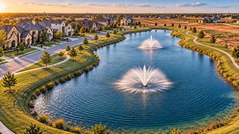 Aerial view of a lake with two fountains, a walking path and stone homes along the shore at sunset