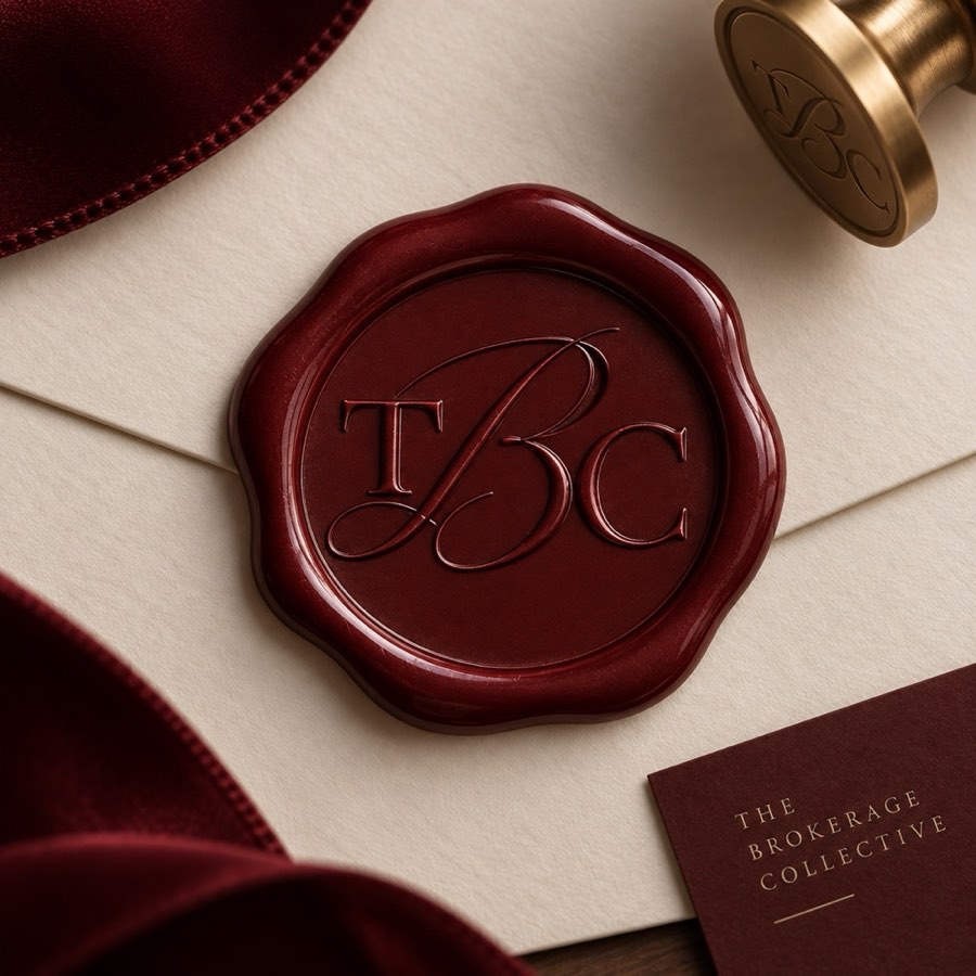 A burgundy wax seal with the TBC monogram on a cream envelope, beside a brass stamp and a Brokerage Collective card